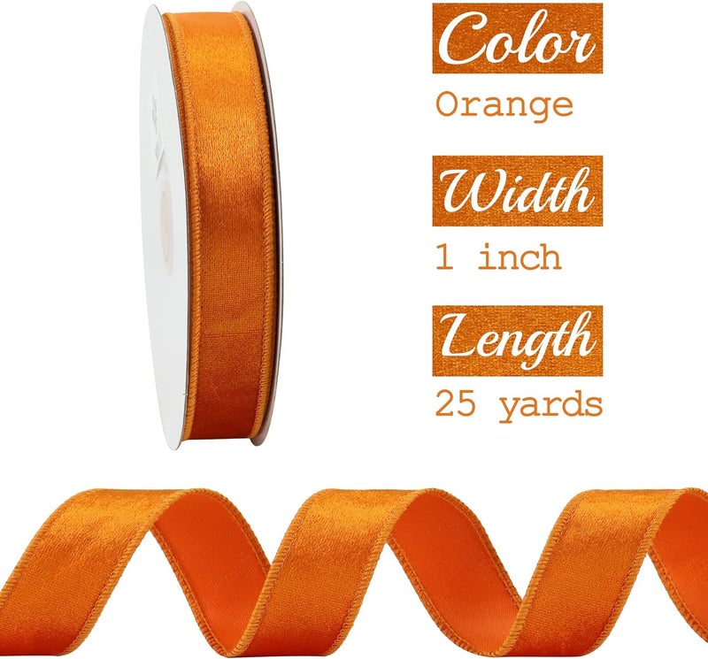 Meedee 1 inch Orange Velvet Wired Ribbon with 25 Yards Spool Crushed Velvet Ribbon for Christmas Tree, Fall Wreaths Supplies, Tree Topper Bows, Garlands - Image 2